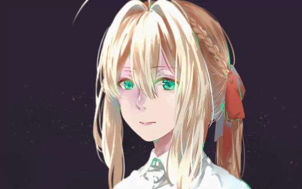 Anime character Violet Evergarden with green eyes and blonde hair styled in a braid, set against a dark background. This HD desktop wallpaper showcases her serene expression and detailed features.
