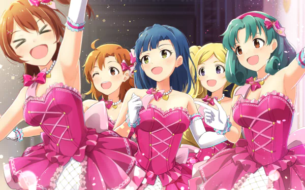 HD anime wallpaper featuring Matsuri Tokugawa, Kana Yabuki, Yuriko Nanao, Mirai Kasuga, and Emily Stewart from THE iDOLM@STER: Million Live! performing on stage.