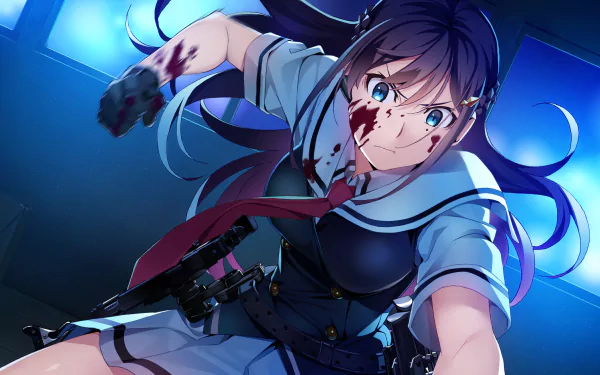 HD PC desktop wallpaper from the anime Grisaia: Phantom Trigger, featuring a bloodied character in a school uniform with intense blue lighting.