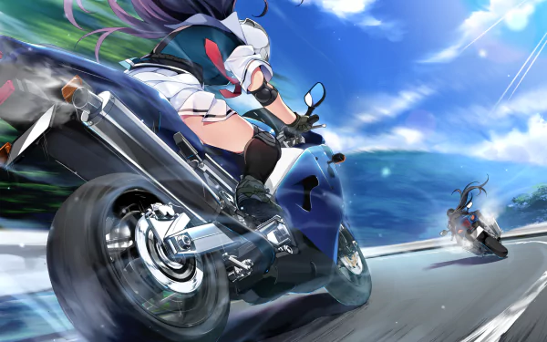 HD PC desktop wallpaper featuring dynamic anime-style characters from Grisaia: Phantom Trigger racing motorcycles on a scenic highway under a bright blue sky.