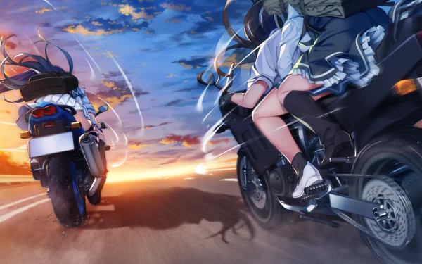 HD PC desktop wallpaper featuring dynamic anime characters from Grisaia: Phantom Trigger riding motorcycles at sunset.