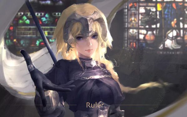 A blonde warrior with blue eyes and long hair, dressed in armor, stands confidently holding a sword. The background features stained glass, depicting Jeanne d'Arc from Fate/Grand Order.