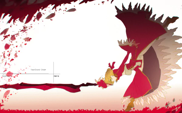 HD anime wallpaper featuring Nero Claudius from Fate/Extra in a red dress, short blonde hair with a braid, wielding a large sword in a dynamic pose.