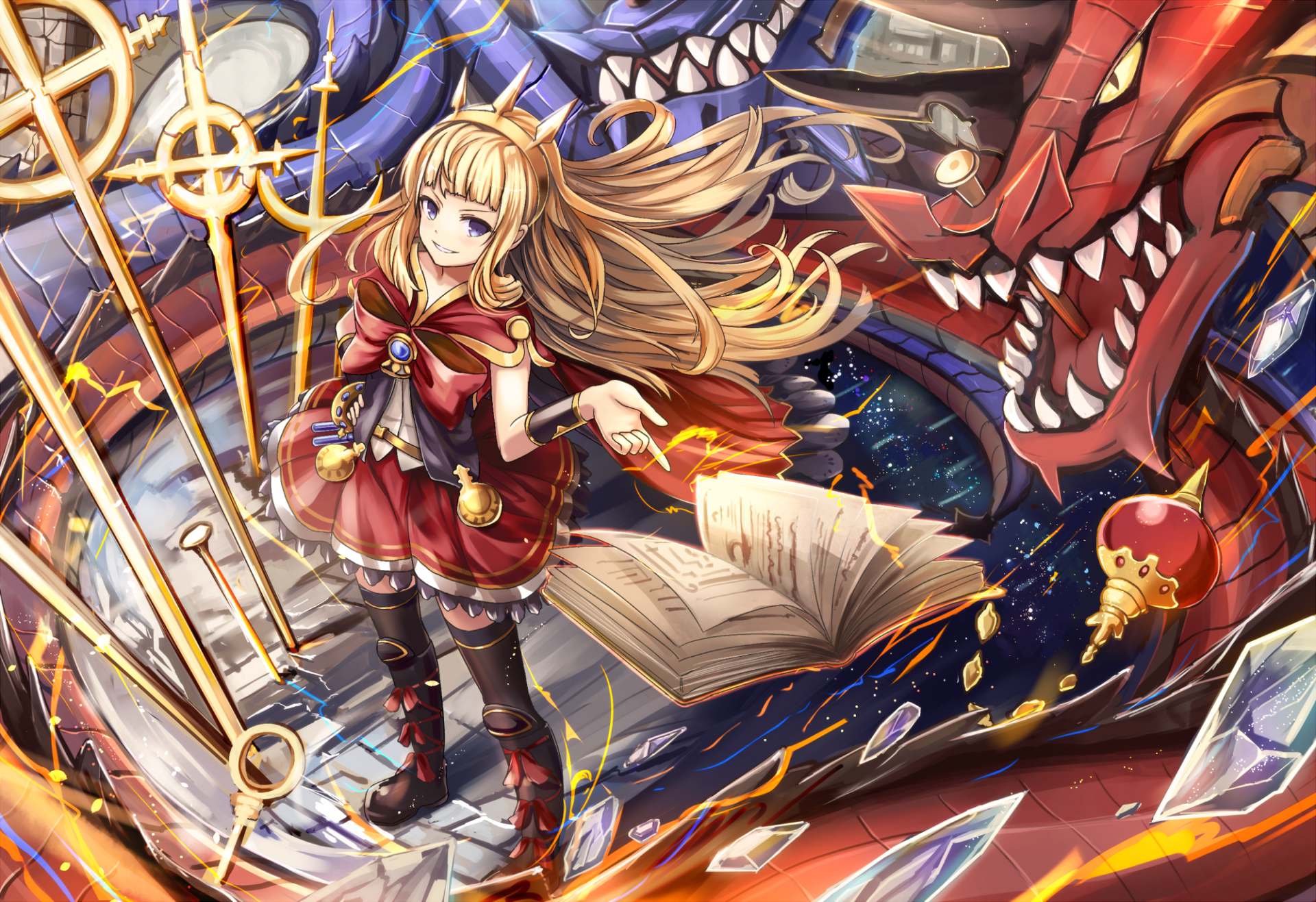 HD anime wallpaper featuring Ouroboros and Cagliostro from Granblue Fantasy, showcasing dynamic magic and a fierce red dragon in vibrant detail.