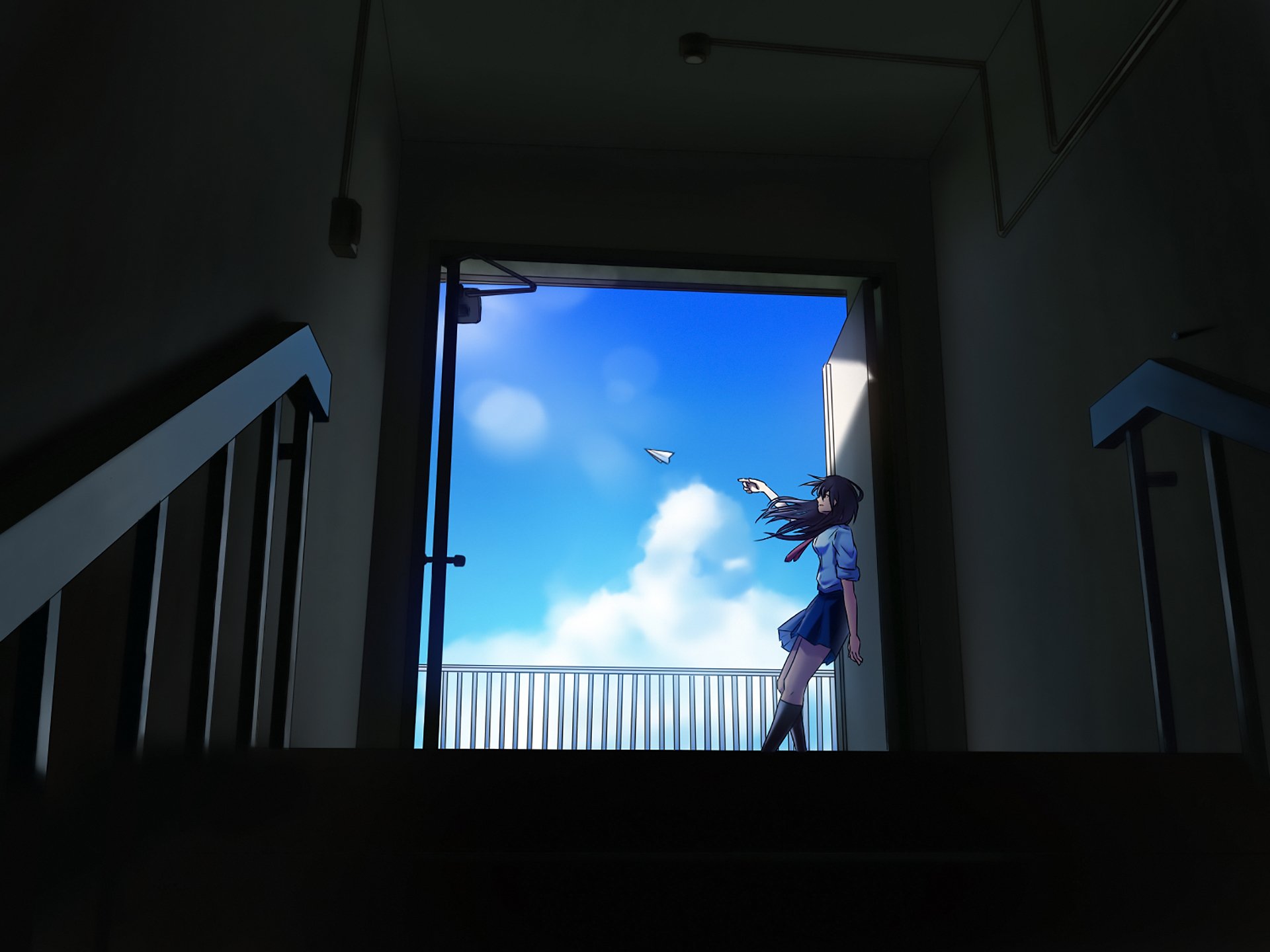 HD PC desktop wallpaper featuring original anime art of a girl releasing a paper airplane against a bright blue sky, framed by a dimly lit stairwell.