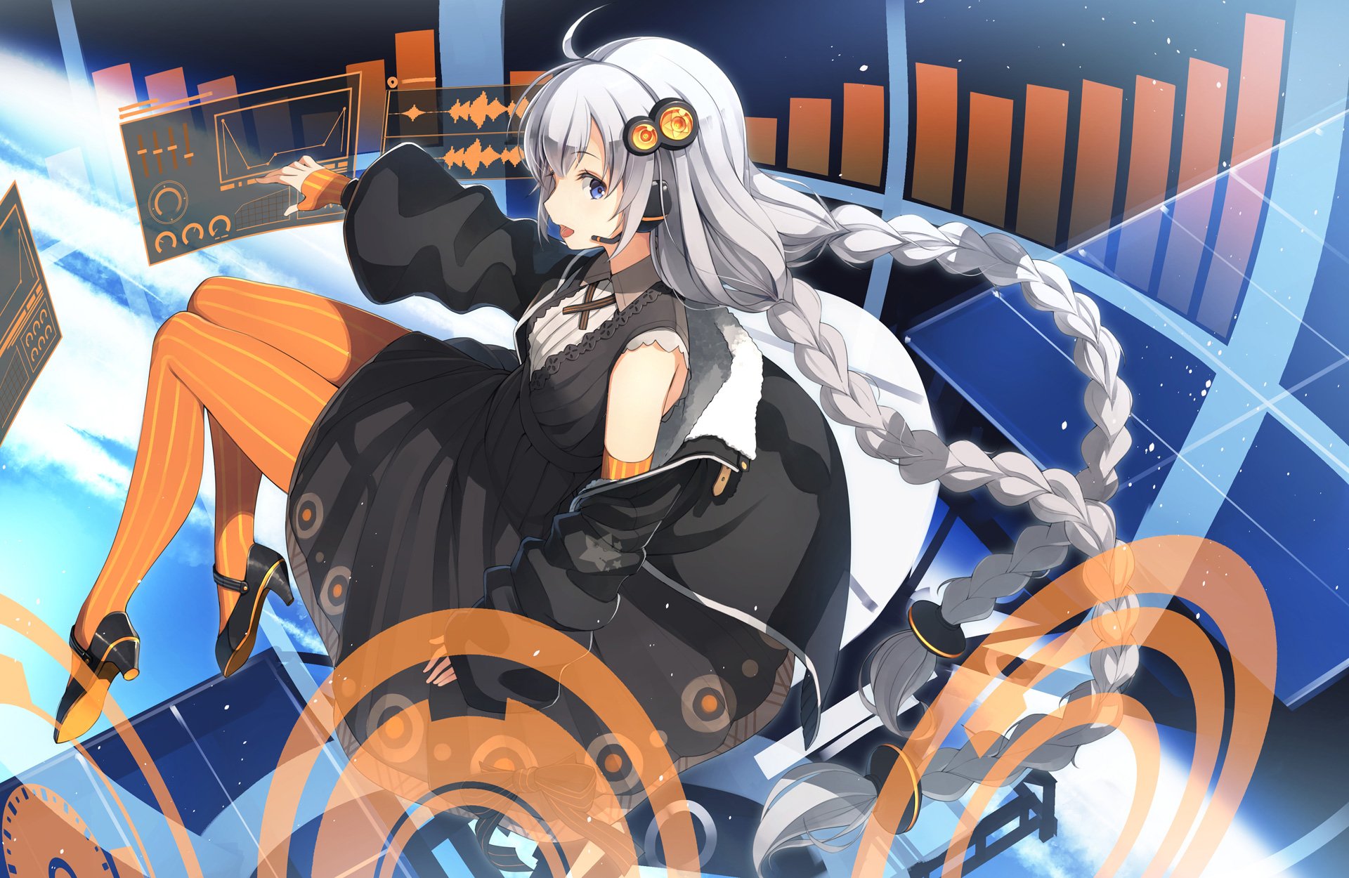 HD PC desktop wallpaper featuring Kizuna Akari from Vocaloid, depicted with silver hair and orange-themed futuristic digital elements in an anime style.