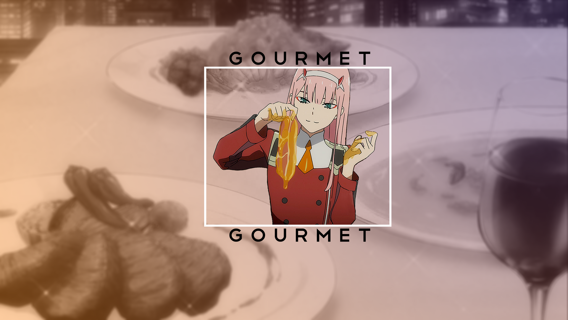 HD desktop wallpaper featuring Zero Two from Darling in the FranXX anime, with a gourmet meal background. Zero Two is in the center, framed and looking at a dish she is holding.