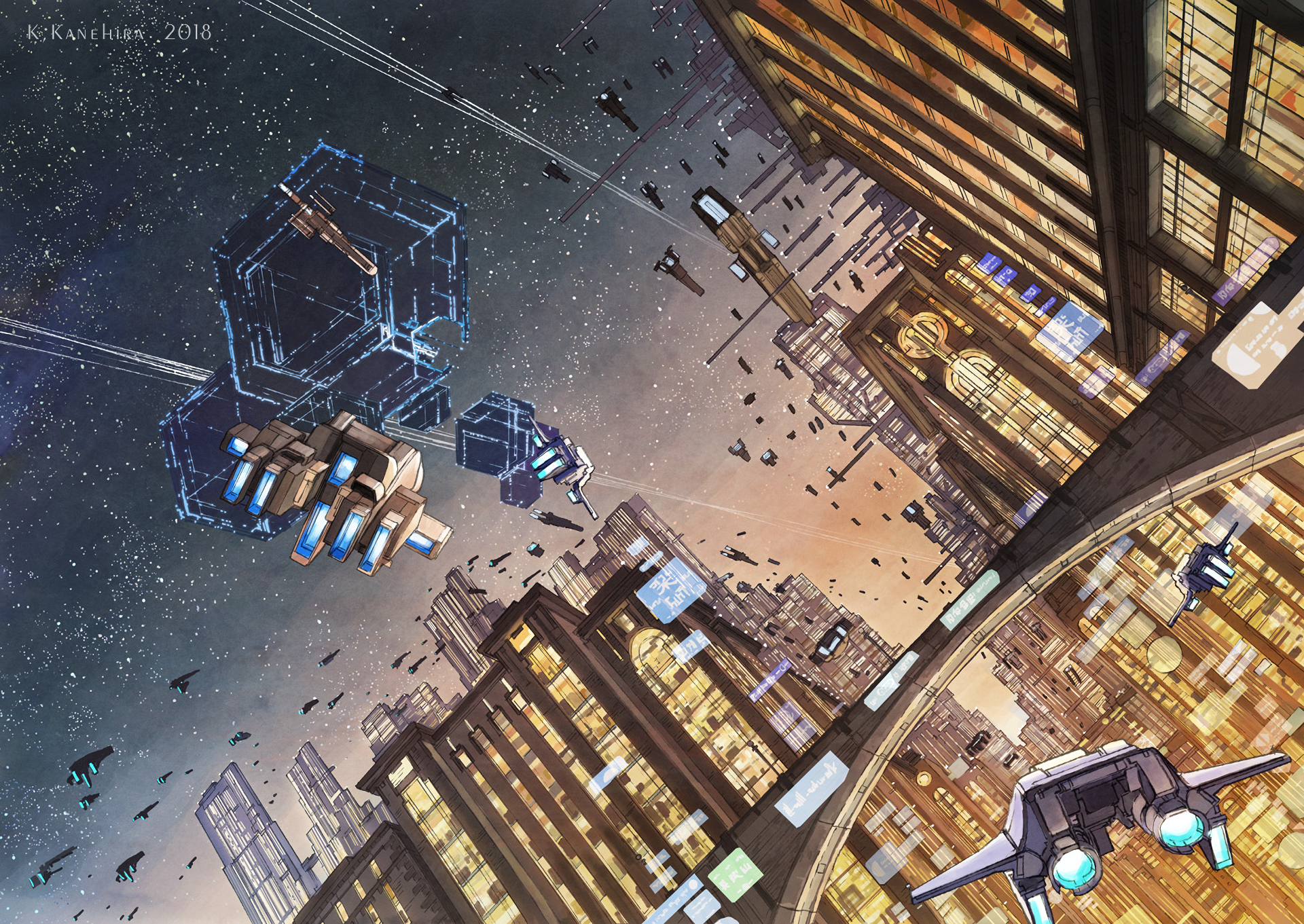 A high-definition anime wallpaper depicting a futuristic sci-fi city with flying robots and towering buildings illuminated by neon lights against a starry night sky.