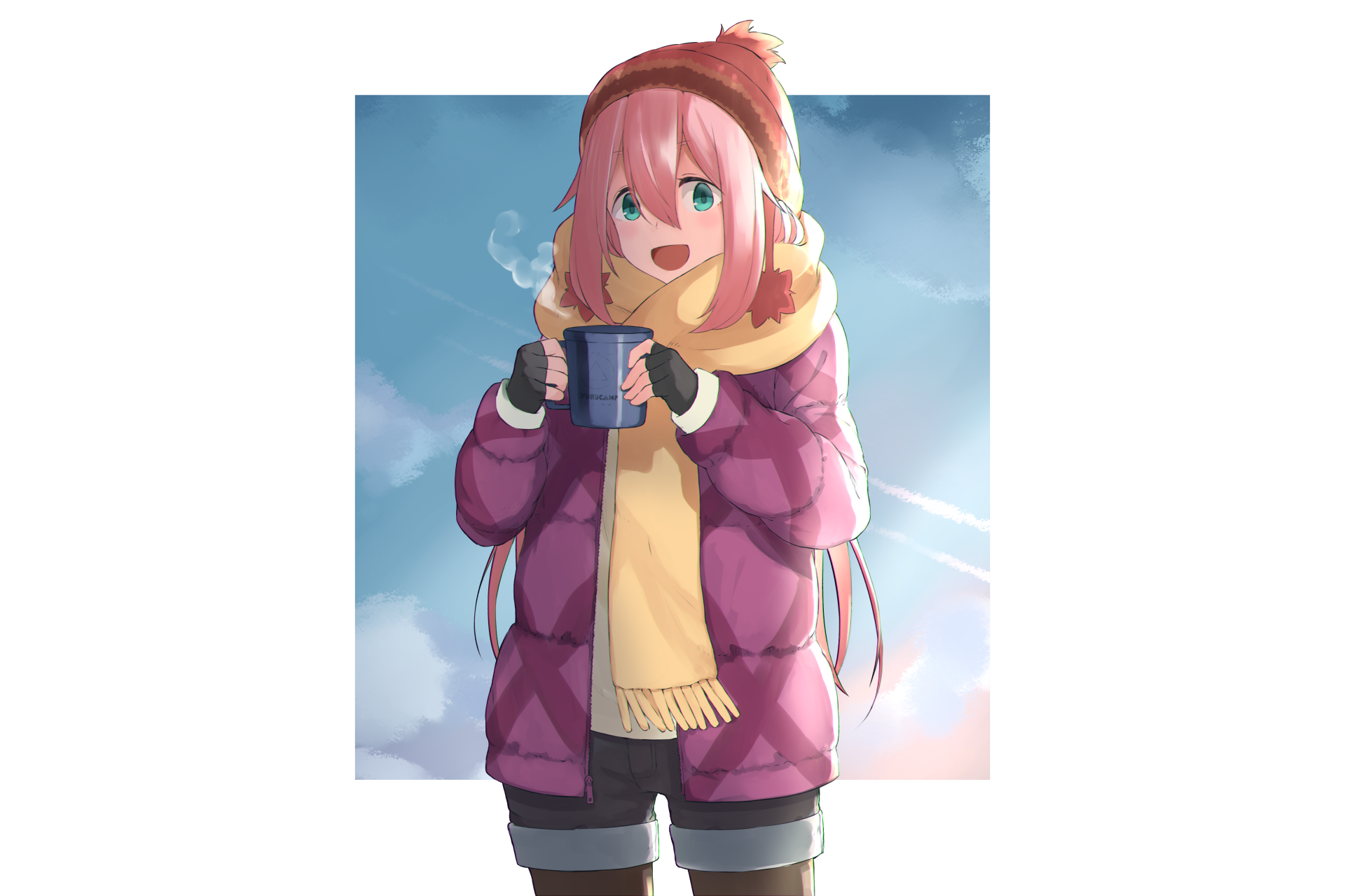 Anime character Nadeshiko Kagamihara from Laid-Back Camp with long pink hair and green eyes. She is smiling, dressed in a jacket, scarf, and hat, holding a cup. This image is a HD desktop wallpaper.