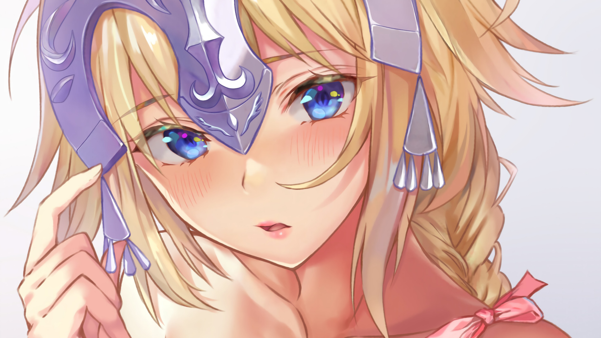 HD anime wallpaper of Jeanne d'Arc from Fate/Apocrypha and Fate/Grand Order, featuring her blue eyes, long blonde hair, and signature silver headpiece.