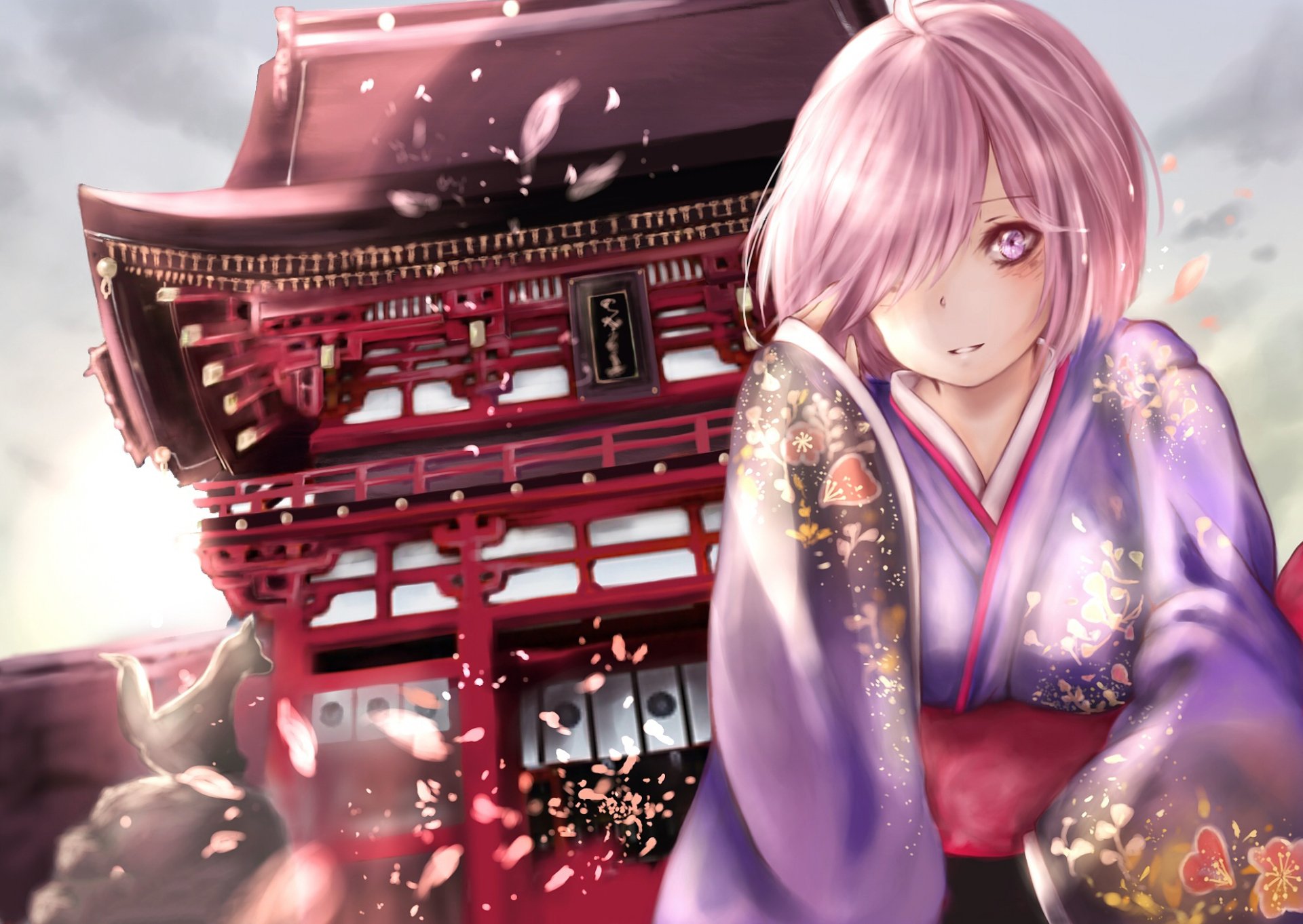 HD PC desktop wallpaper featuring Mashu Kyrielight from the anime Fate/Grand Order in a detailed kimono, set against a traditional Japanese temple with falling cherry blossoms.