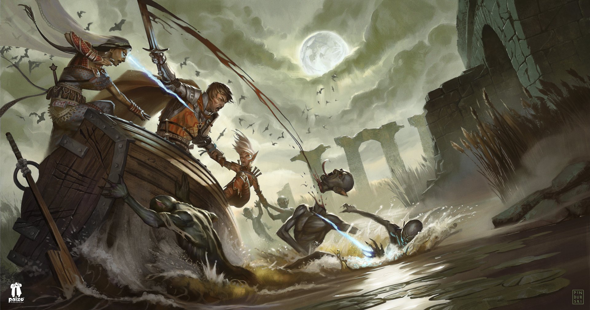 Fantasy HD desktop wallpaper of a warrior and elf on a boat at night, under a full moon, engaging in battle with a sword amid a ruined landscape.