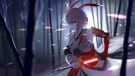Anime character Yae Sakura from Benghuai Xueyuan with pink short hair and blue eyes, holding a katana in Japanese clothes, featured as a HD desktop wallpaper amidst falling petals in a forest.