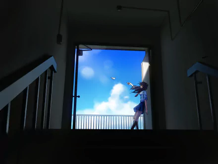 HD PC desktop wallpaper featuring original anime art of a girl releasing a paper airplane against a bright blue sky, framed by a dimly lit stairwell.