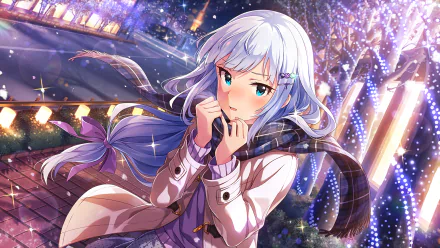 HD PC desktop wallpaper of Tsumugi Shiraishi from THE iDOLM@STER: Million Live!, featuring her with flowing silver hair and a scarf in a vibrant, illuminated anime night scene.