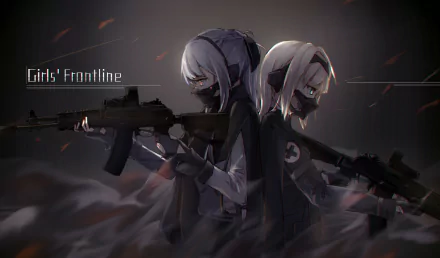 HD desktop wallpaper featuring AN-94 and AK-12 from the video game Girls' Frontline, standing back to back with rifles in a dark, dramatic setting.