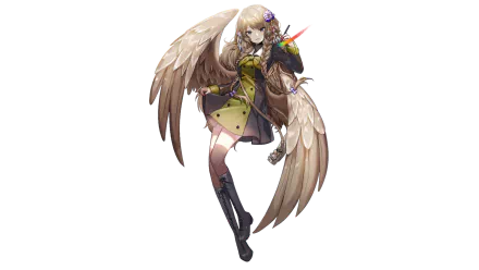 A beautifully illustrated anime character with long hair and large wings, dressed in a stylish outfit, set against a vibrant background, designed as an HD PC desktop wallpaper and background.