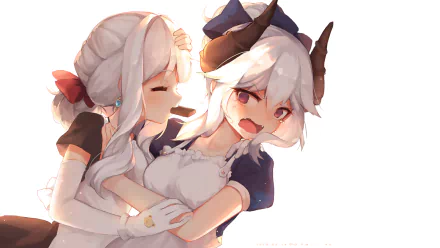 Anime original HD PC desktop wallpaper/background: two white-haired girls—one with small horns and a playful grin, the other smiling softly—share a warm, sunlit embrace.