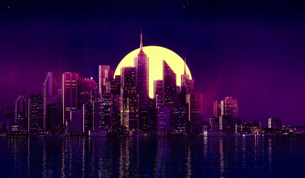 HD desktop wallpaper featuring a retro wave cityscape at night with purple hues, illuminated skyscrapers, a giant moon, and their reflections in the water, creating an artistic and futuristic atmosphere.