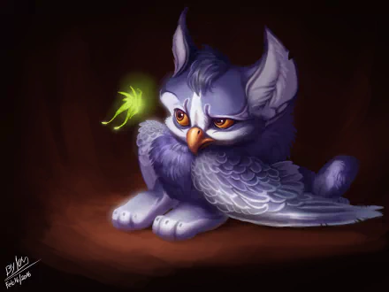HD desktop wallpaper of a cute, fantasy baby griffin, with expressive eyes and purple feathers, sitting beside a glowing green leaf in a dark background.