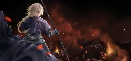 HD PC desktop wallpaper featuring Jeanne d'Arc from the Fate Series anime Fate/Grand Order, standing with a spear against a fiery, battle-scarred background.