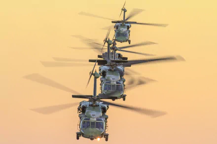 HD desktop wallpaper featuring three military Sikorsky UH-60 Black Hawk helicopters in flight against a soft orange sky.
