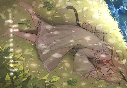 HD anime original artwork of a girl lying peacefully on grass with soft sunlight filtering through trees, designed as a PC desktop wallpaper background.