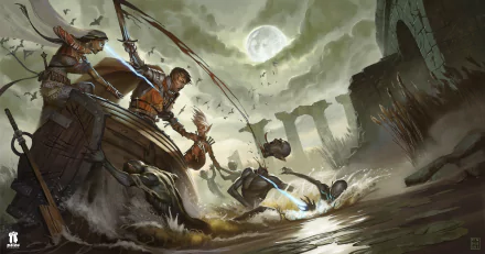 Fantasy HD desktop wallpaper of a warrior and elf on a boat at night, under a full moon, engaging in battle with a sword amid a ruined landscape.