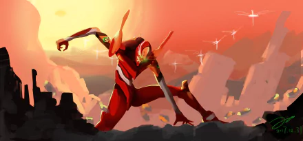 4K Ultra HD anime wallpaper featuring Evangelion Unit-02 from Neon Genesis Evangelion, set against a vibrant sunset with a dynamic, action-ready pose.