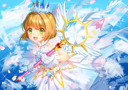HD PC desktop wallpaper featuring Sakura Kinomoto from the anime Cardcaptor Sakura, depicted in a vibrant, magical outfit with her iconic staff against a bright sky background.