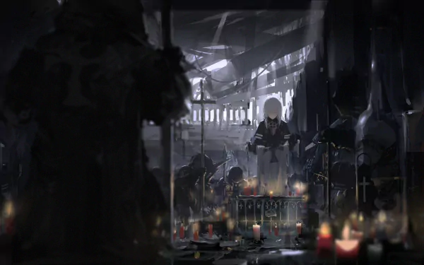 A dramatic HD anime wallpaper featuring a white-haired character in armor, surrounded by weapons and candlelight, set in a dark, cathedral-like environment from Pixiv Fantasia T.