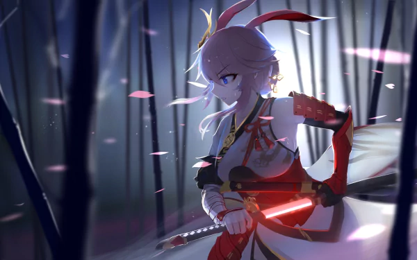 Anime character Yae Sakura from Benghuai Xueyuan with pink short hair and blue eyes, holding a katana in Japanese clothes, featured as a HD desktop wallpaper amidst falling petals in a forest.