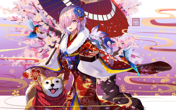 Anime Fate/Grand Order Fate Series Fou Mashu Kyrielight Shielder Short Hair Pink Hair Smile Blush Japanese Clothes Dog Blue Eyes Cherry Blossom HD Wallpaper | Background Image