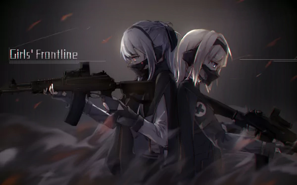 HD desktop wallpaper featuring AN-94 and AK-12 from the video game Girls' Frontline, standing back to back with rifles in a dark, dramatic setting.