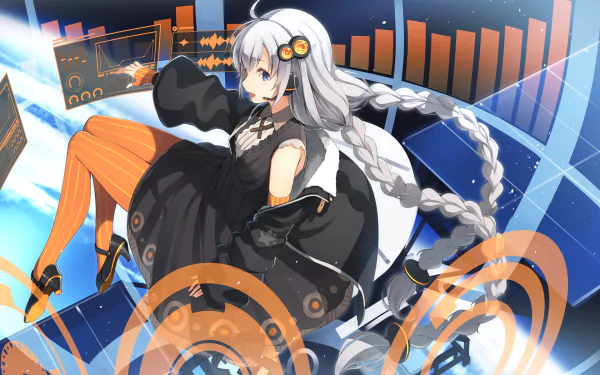 HD PC desktop wallpaper featuring Kizuna Akari from Vocaloid, depicted with silver hair and orange-themed futuristic digital elements in an anime style.