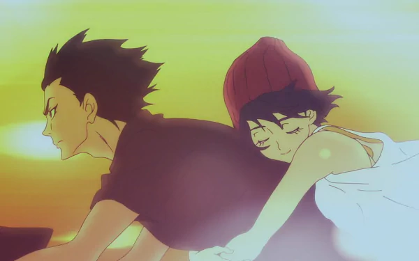 HD anime desktop wallpaper featuring Miki Makimura and Akira Fudo from Devilman: Crybaby, set against a warm, glowing sunset background.