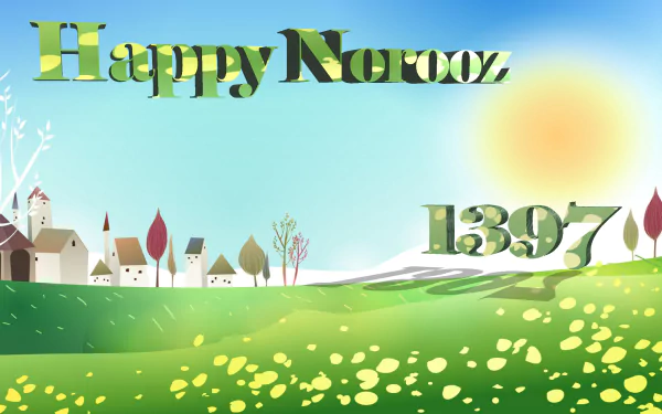 HD PC desktop wallpaper featuring a bright spring landscape with flowers, a village, and Happy Norooz 1397 text celebrating the Nowruz holiday.