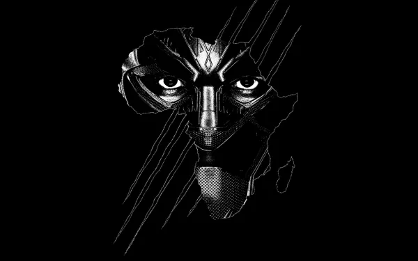 HD desktop wallpaper of Black Panther from the Marvel Comics movie, featuring a striking black-and-white design with T'Challa's masked face overlaid on an outline of Africa.