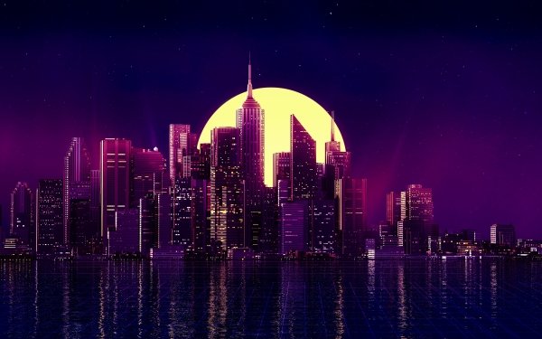 Artístico Ciudad Edificio Púrpura Rascacielos Noche Luna Reflejo Onda retro Fondo de pantalla HD | Fondo de Escritorio