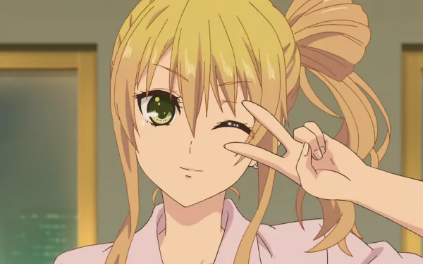 HD desktop wallpaper of Yuzu Aihara from the anime Citrus, featuring her winking and making a peace sign with her hand.