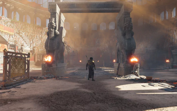 4K Ultra HD PC wallpaper featuring a detailed arena scene from the video game Assassin's Creed Origins, showcasing ancient architecture and atmospheric lighting.