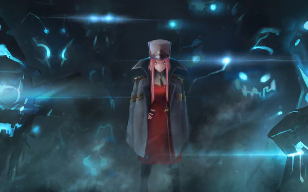 HD desktop wallpaper featuring Zero Two from the anime Darling in the FranXX, standing confidently amidst a dark, ethereal background with glowing blue accents.