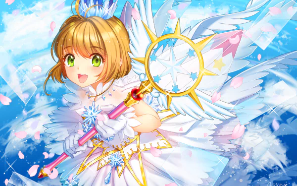 HD PC desktop wallpaper featuring Sakura Kinomoto from the anime Cardcaptor Sakura, depicted in a vibrant, magical outfit with her iconic staff against a bright sky background.