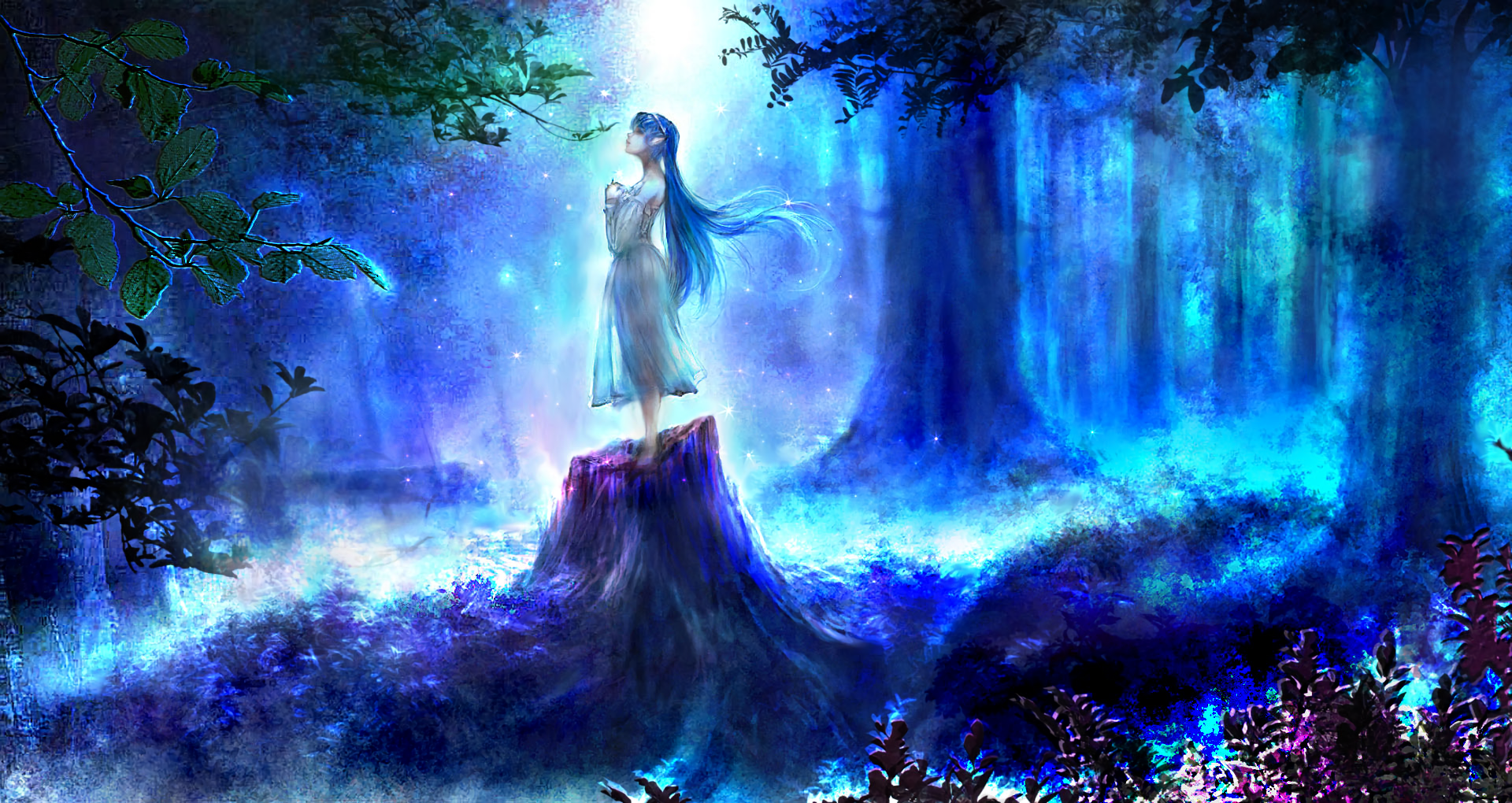 Download Elf Blue Hair Long Hair Tree Night Forest Fantasy Woman  Wallpaper