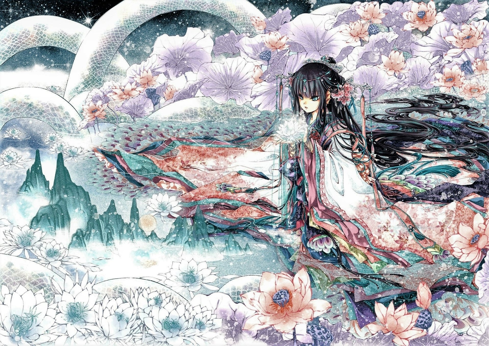 HD desktop wallpaper featuring a beautifully detailed anime girl amidst a whimsical, flower-filled landscape, blending elements of fantasy and nature.