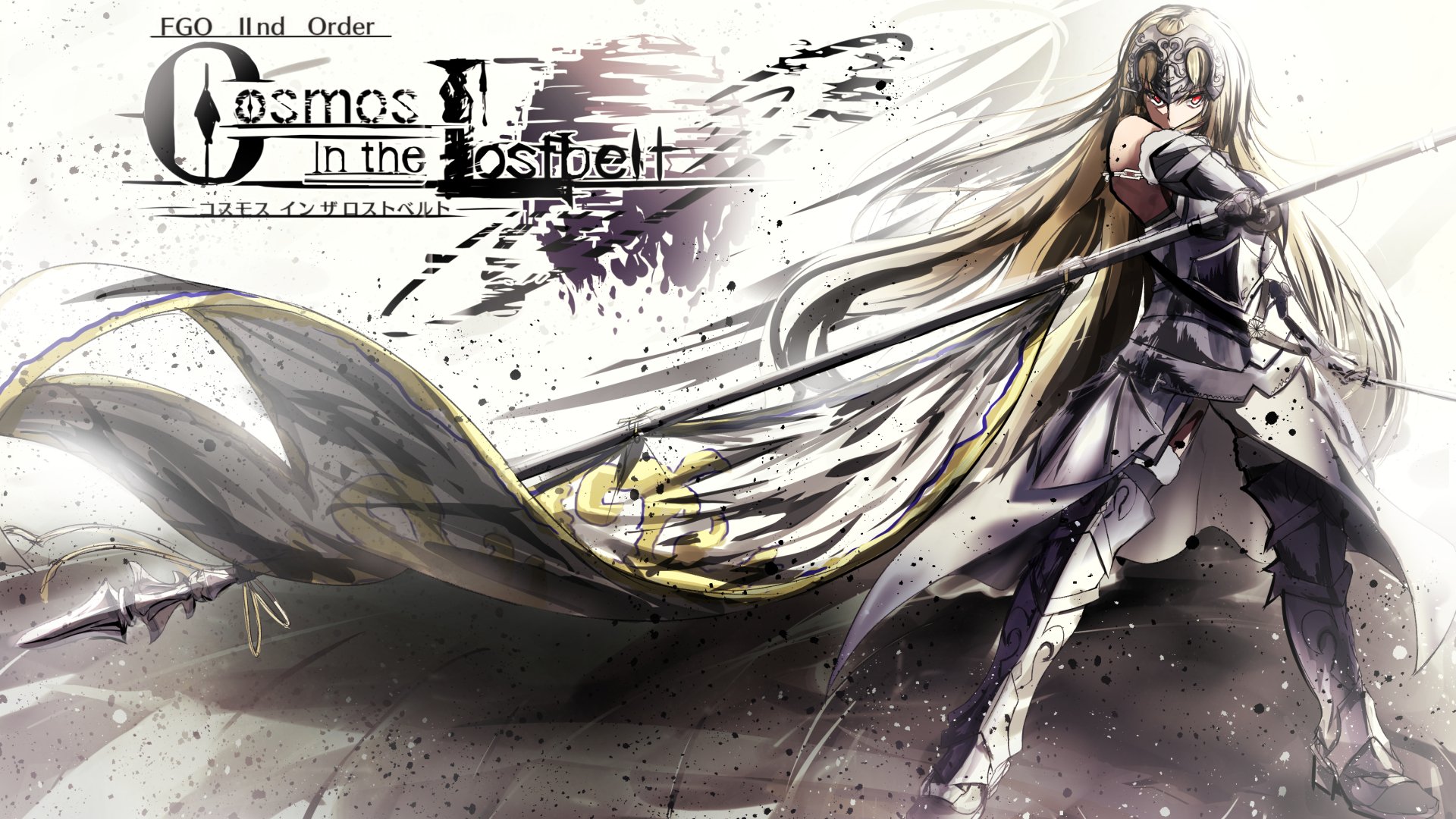 HD desktop wallpaper featuring Jeanne d'Arc from Fate/Grand Order, depicted as a blonde warrior with red eyes, long hair, armor, sword, and lance in dynamic anime style.