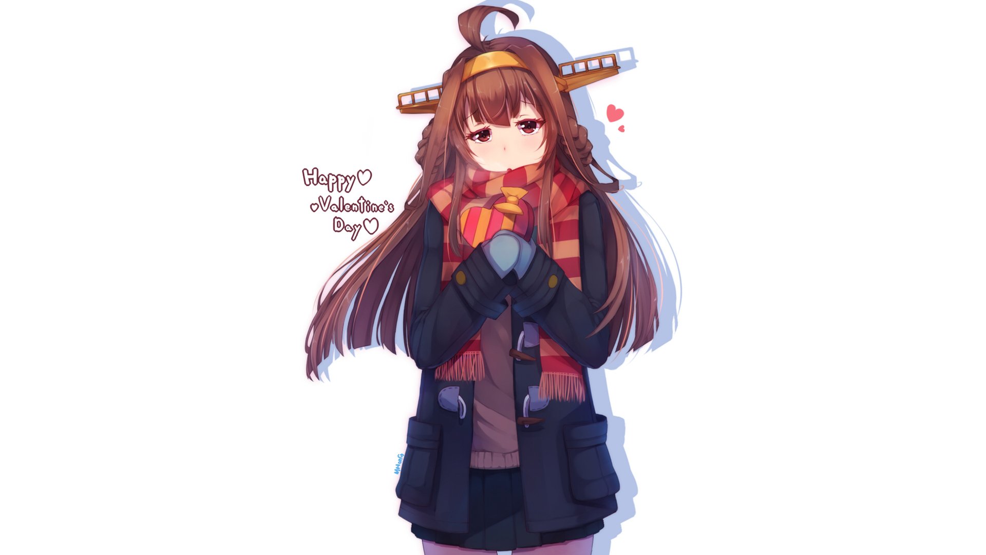 Kongou (Kancolle) from Kantai Collection anime — HD PC desktop wallpaper of a blushing Kongou in a winter coat and striped scarf, clasping hands with ship-tower headgear and a small heart.