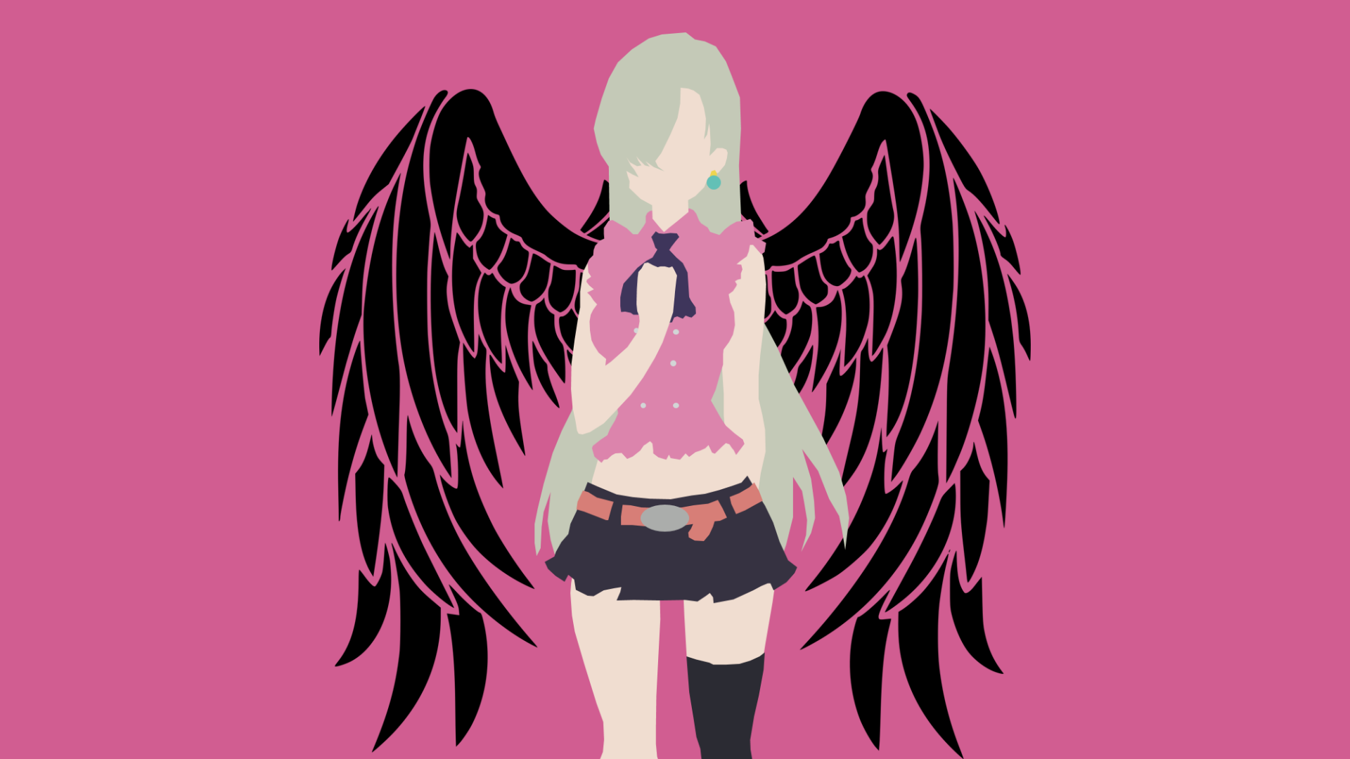 Minimalist HD wallpaper of Elizabeth Liones from The Seven Deadly Sins, with long grey hair, earrings, thigh-highs, skirt, belt, and black wings, on a pink background.