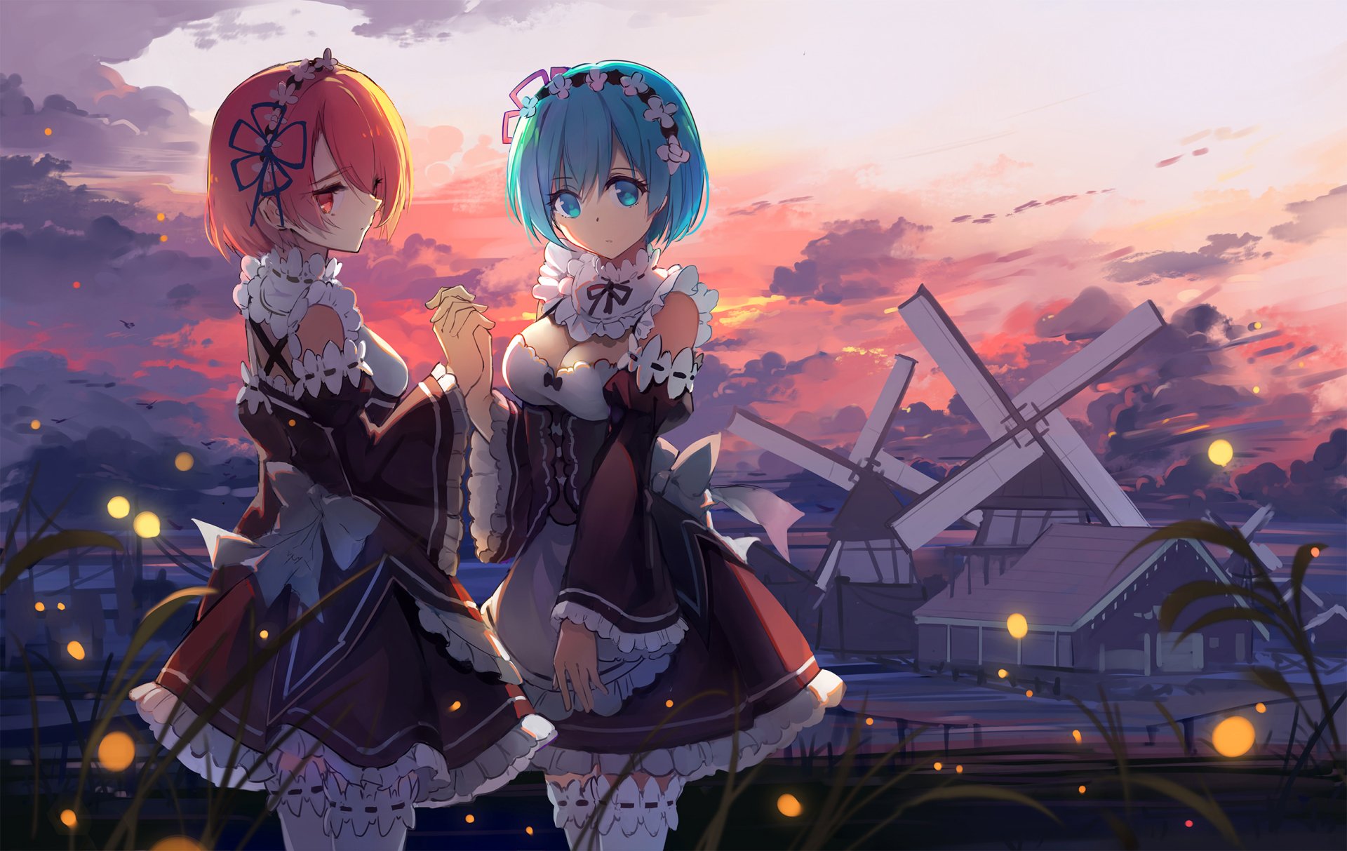 HD PC desktop wallpaper featuring Ram and Rem from the anime Re:Zero - Starting Life in Another World, set against a vibrant sunset background with windmills.