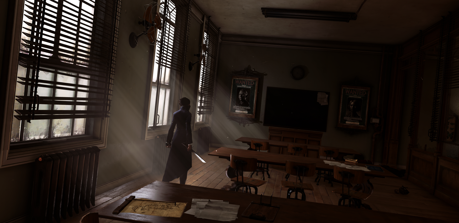 Video game Dishonored 2 8K Ultra HD PC desktop wallpaper: moody classroom bathed in sunbeams through blinds, lone cloaked figure at the window, empty desks and scattered papers.